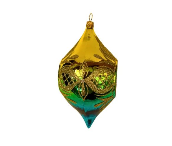 Suspension de Noël en verre soufflé goutte doré turquoise vert motifs treillis dorés