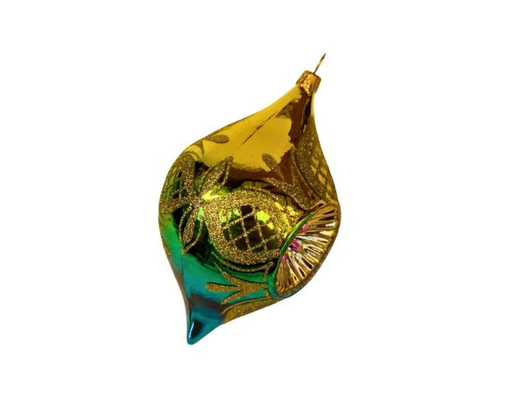 Suspension de Noël en verre soufflé goutte doré turquoise vert motifs treillis dorés