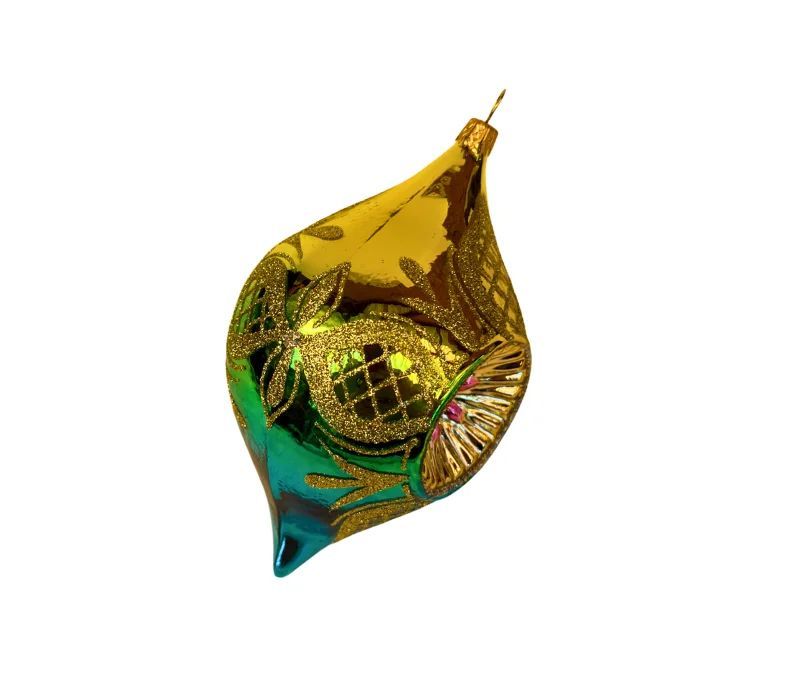 Suspension de Noël en verre soufflé goutte doré turquoise vert motifs treillis dorés