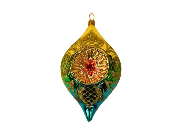 Suspension de Noël en verre soufflé goutte doré turquoise vert motifs treillis dorés