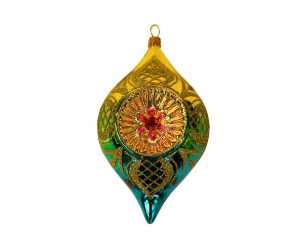 Suspension de Noël en verre soufflé goutte doré turquoise vert motifs treillis dorés