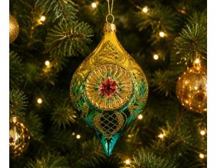 Suspension de Noël en verre soufflé goutte doré turquoise vert motifs treillis dorés