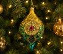 Voir la slide Suspension de Noël en verre soufflé goutte doré turquoise vert motifs treillis dorés