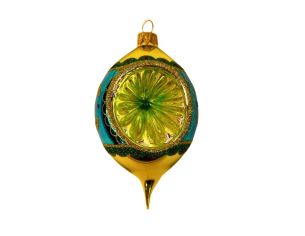 Suspension de Noël en verre soufflé goutte doré turquoise bordure pailletée verte perles rouges H13cm