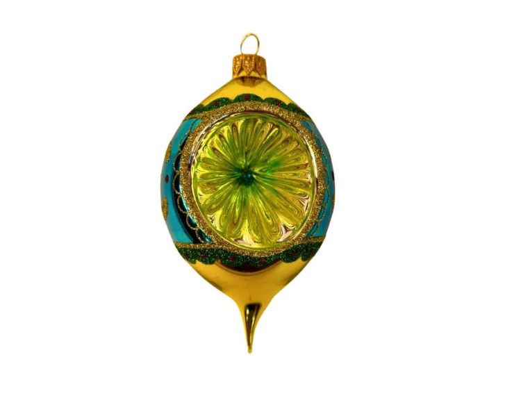 Suspension de Noël en verre soufflé goutte doré turquoise bordure pailletée verte perles rouges H13cm