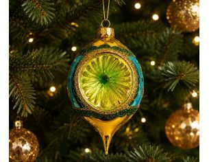 Suspension de Noël en verre soufflé goutte doré turquoise bordure pailletée verte perles rouges H13cm