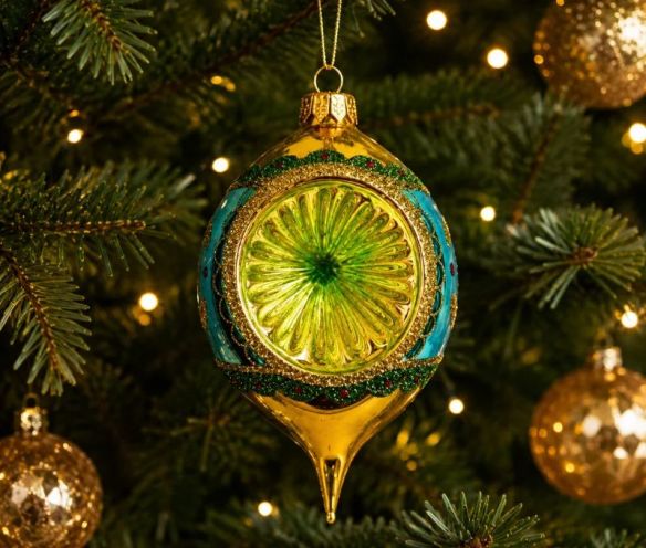 Suspension de Noël en verre soufflé goutte doré turquoise bordure pailletée verte perles rouges H13cm