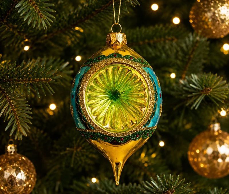 Suspension de Noël en verre soufflé goutte doré turquoise bordure pailletée verte perles rouges H13cm