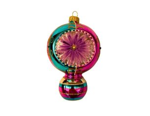 Suspension de Noël en verre boule rose turquoise rayures dorées réflecteur central facetté violet 15cm