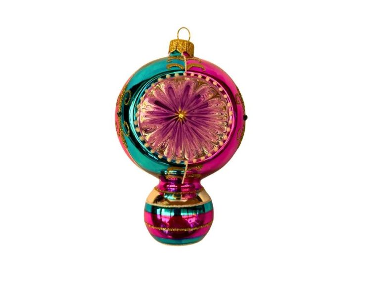 Suspension de Noël en verre boule rose turquoise rayures dorées réflecteur central facetté violet 15cm