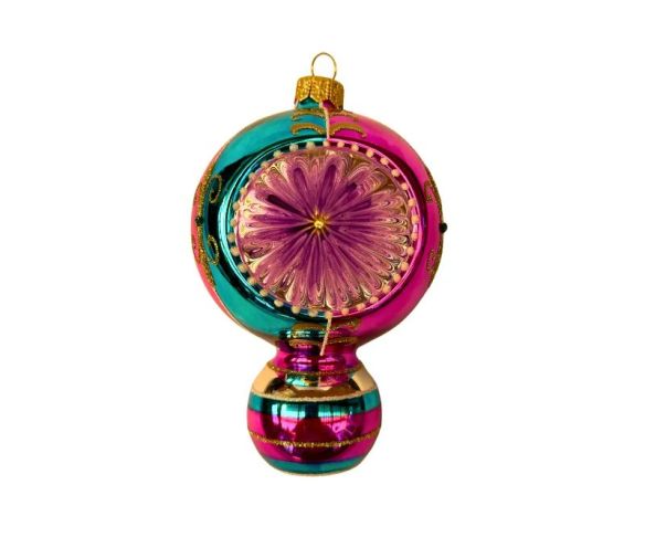 Suspension de Noël en verre boule rose turquoise rayures dorées réflecteur central facetté violet 15cm