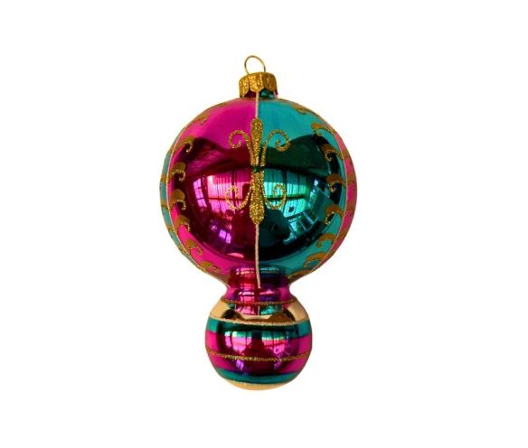 Suspension de Noël en verre boule rose turquoise rayures dorées réflecteur central facetté violet 15cm