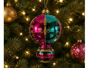 Suspension de Noël en verre boule rose turquoise rayures dorées réflecteur central facetté violet 15cm