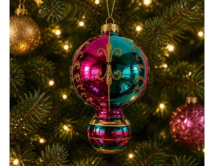 Suspension de Noël en verre boule rose turquoise rayures dorées réflecteur central facetté violet 15cm