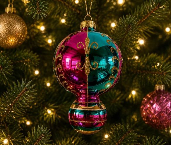 Suspension de Noël en verre boule rose turquoise rayures dorées réflecteur central facetté violet 15cm