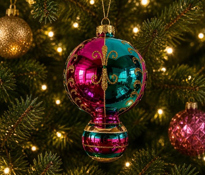 Suspension de Noël en verre boule rose turquoise rayures dorées réflecteur central facetté violet 15cm