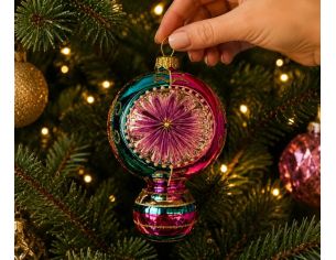 Suspension de Noël en verre boule rose turquoise rayures dorées réflecteur central facetté violet 15cm
