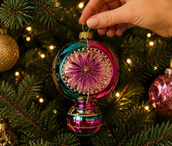 Suspension de Noël en verre boule rose turquoise rayures dorées réflecteur central facetté violet 15cm