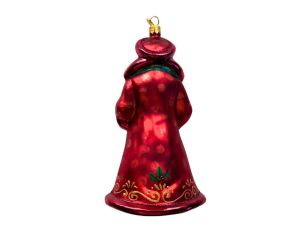 Figurine de Noël en verre Père Noël vintage robe bordeaux jupe dorée moufles vertes livre broderies dorées 17cm