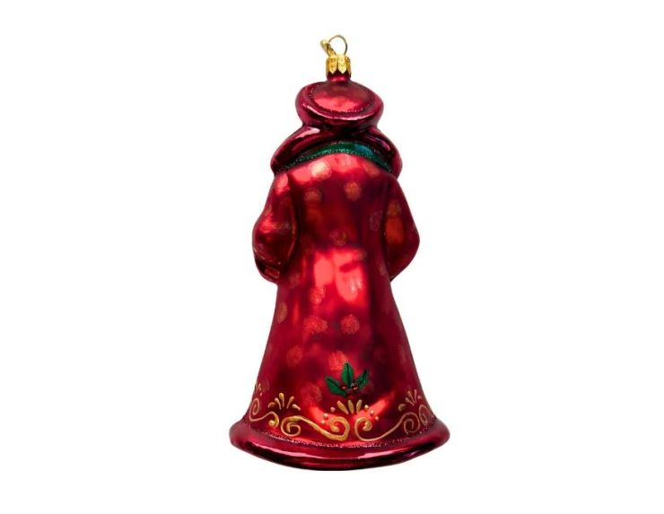 Figurine de Noël en verre Père Noël vintage robe bordeaux jupe dorée moufles vertes livre broderies dorées 17cm