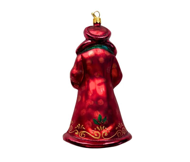 Figurine de Noël en verre Père Noël vintage robe bordeaux jupe dorée moufles vertes livre broderies dorées 17cm