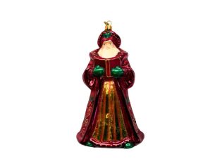 Figurine de Noël en verre Père Noël vintage robe bordeaux jupe dorée moufles vertes livre broderies dorées 17cm