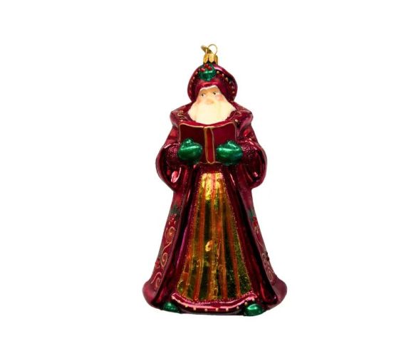 Figurine de Noël en verre Père Noël vintage robe bordeaux jupe dorée moufles vertes livre broderies dorées 17cm