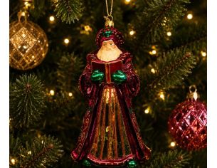 Figurine de Noël en verre Père Noël vintage robe bordeaux jupe dorée moufles vertes livre broderies dorées 17cm
