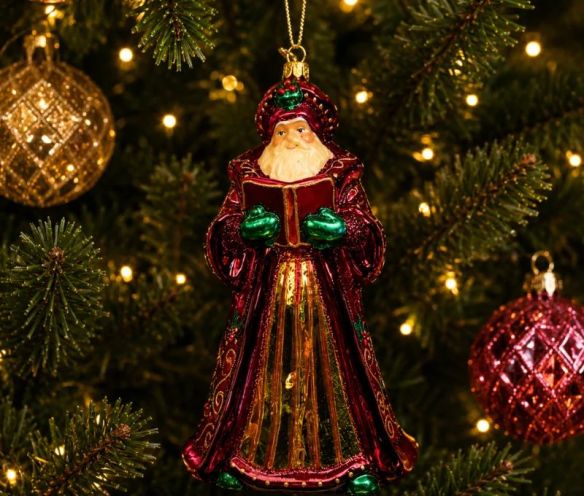 Figurine de Noël en verre Père Noël vintage robe bordeaux jupe dorée moufles vertes livre broderies dorées 17cm
