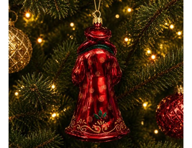 Figurine de Noël en verre Père Noël vintage robe bordeaux jupe dorée moufles vertes livre broderies dorées 17cm