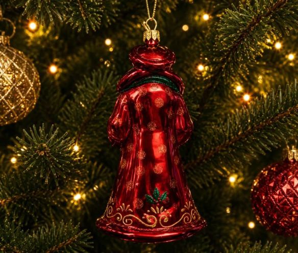 Figurine de Noël en verre Père Noël vintage robe bordeaux jupe dorée moufles vertes livre broderies dorées 17cm