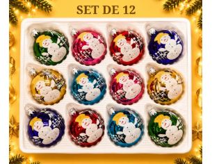 Coffret 12 boules de Noël en verre motif bonhomme de neige e Ø6cm