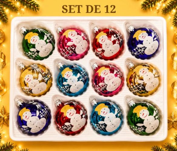 Coffret 12 boules de Noël en verre motif bonhomme de neige e Ø6cm