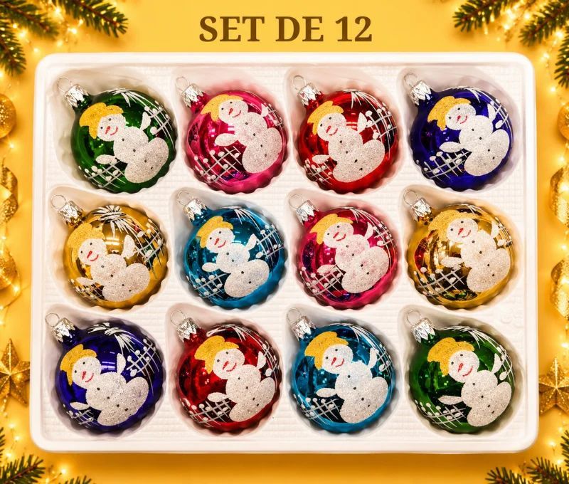 Coffret 12 boules de Noël en verre motif bonhomme de neige e Ø6cm