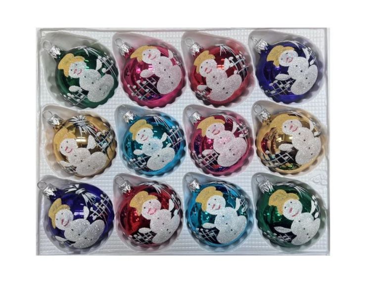 Coffret 12 boules de Noël en verre motif bonhomme de neige Ø6cm