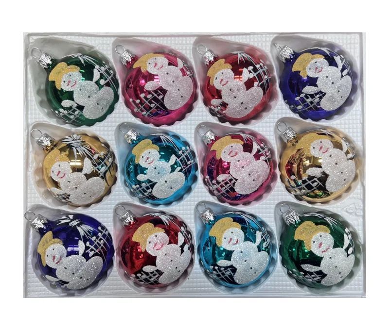 Coffret 12 boules de Noël en verre motif bonhomme de neige Ø6cm