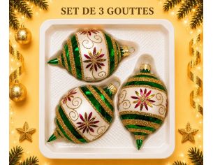 Coffret 3 gouttes de Noël verre soufflé peint à la main rayures diagonales vert blanc pailletées Ø7cm H10cm