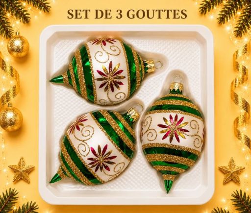 Coffret 3 gouttes de Noël verre soufflé peint à la main rayures diagonales vert blanc pailletées Ø7cm H10cm