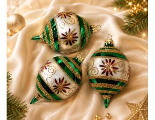 Coffret 3 gouttes de Noël verre soufflé peint à la main rayures diagonales vert blanc pailletées Ø7cm H10cm