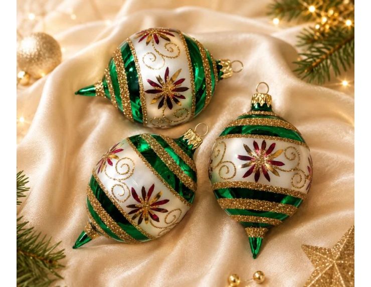 Coffret 3 gouttes de Noël verre soufflé peint à la main rayures diagonales vert blanc pailletées Ø7cm H10cm