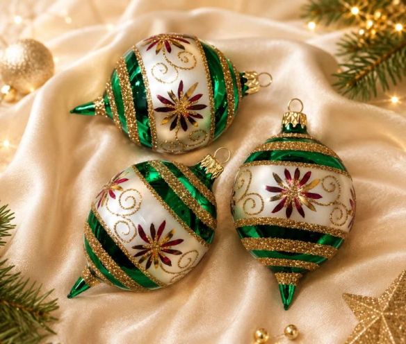 Coffret 3 gouttes de Noël verre soufflé peint à la main rayures diagonales vert blanc pailletées Ø7cm H10cm