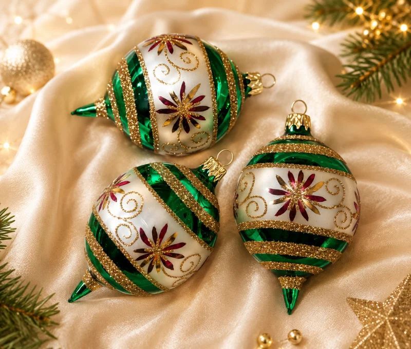 Coffret 3 gouttes de Noël verre soufflé peint à la main rayures diagonales vert blanc pailletées Ø7cm H10cm