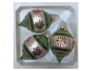 Coffret 3 gouttes de Noël verre soufflé peint à la main rayures diagonales vert blanc pailletées Ø7cm H10cm