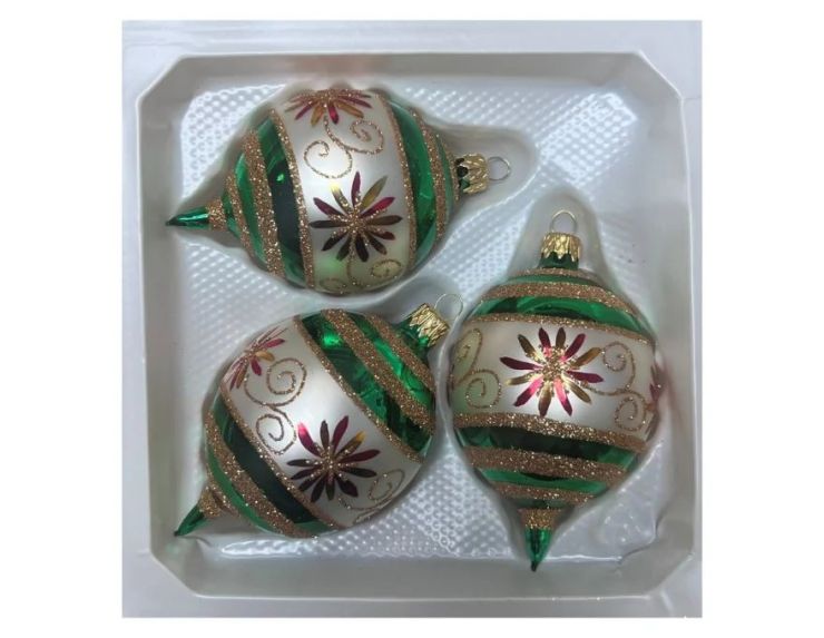 Coffret 3 gouttes de Noël verre soufflé peint à la main rayures diagonales vert blanc pailletées Ø7cm H10cm