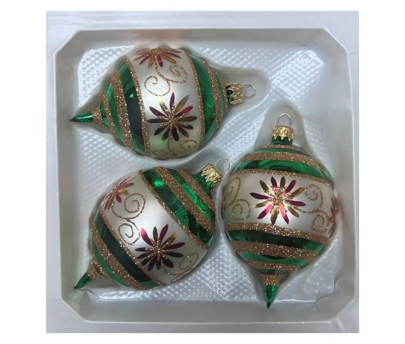Coffret 3 gouttes de Noël verre soufflé peint à la main rayures diagonales vert blanc pailletées Ø7cm H10cm