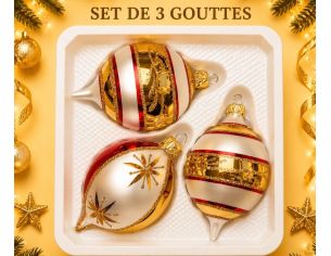 Coffret 3 gouttes de Noël rayures diagonales blanc doré rouge pailletées blanche col rouge motifs étoilés dorés Ø7cm H10cm