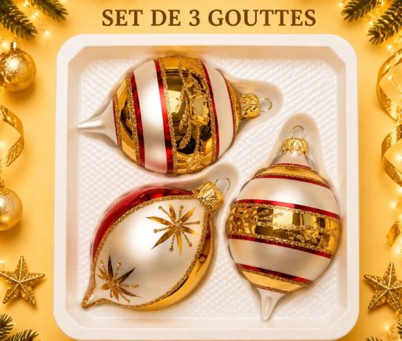 Coffret 3 gouttes de Noël rayures diagonales blanc doré rouge pailletées blanche col rouge motifs étoilés dorés Ø7cm H10cm