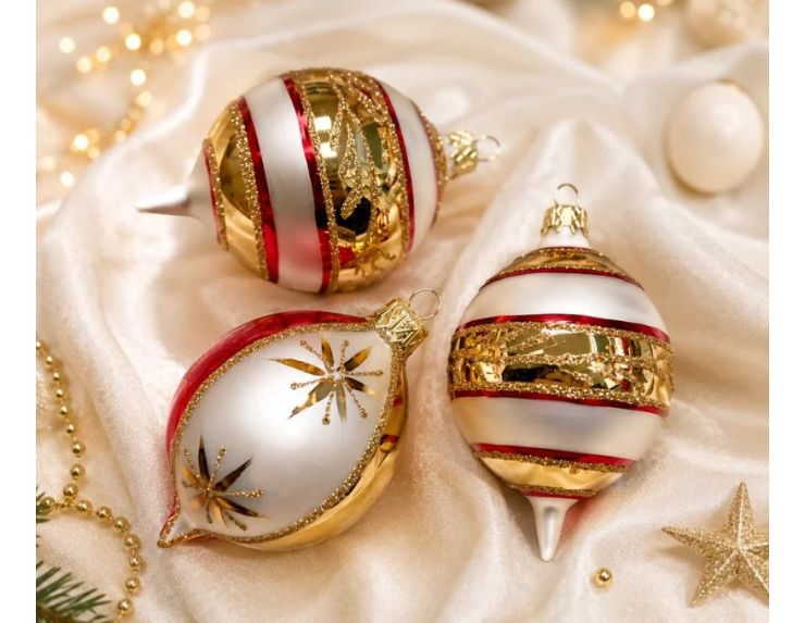Coffret 3 gouttes de Noël rayures diagonales blanc doré rouge pailletées blanche col rouge motifs étoilés dorés Ø7cm H10cm