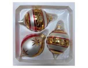 Coffret 3 gouttes de Noël rayures diagonales blanc doré rouge pailletées blanche col rouge motifs étoilés dorés Ø7cm H10cm