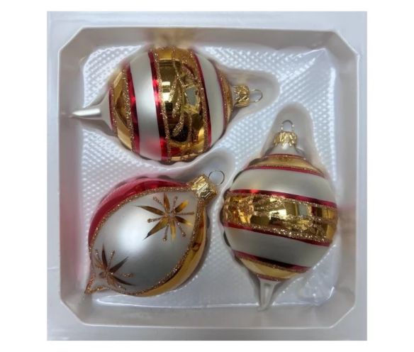 Coffret 3 gouttes de Noël rayures diagonales blanc doré rouge pailletées blanche col rouge motifs étoilés dorés Ø7cm H10cm